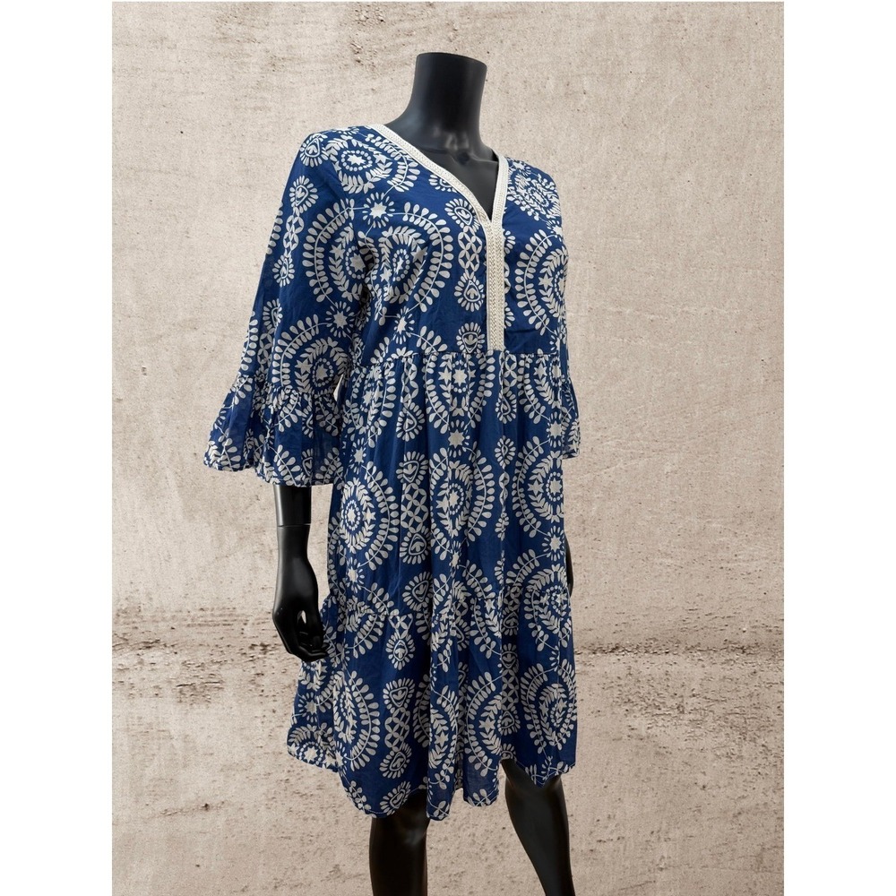 Saiph Lab Italy Blue Boho Cotton Dress L Tiered V Neck Peasant - Picture 4 of 10